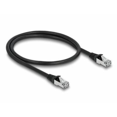 Čiernený ethernetový kábel s dvoma RJ45 konektormi. Vhodný pre sieťové pripojenia, prenos dát a prístup na internet.