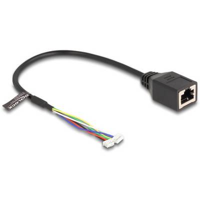 'Loxone Link na RJ45 adaptér' zobrazuje kabelový adaptér s RJ45 konektorom na jednom konci a niekoľkými farebnými vodičmi na druhom konci.