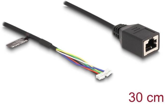 Čiernny 30 cm dlhý kábel s RJ45 konektorom na jednej strane a voľnými farebnými vodičmi na strane druhej.