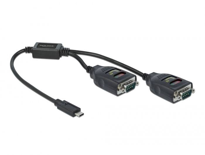 Prevodný USB na duálny sériový adaptérový kábel od spoločnosti 'Prolific', zobrazujúci USB port a dva sériové porty pre pripojenie starších zariadení.