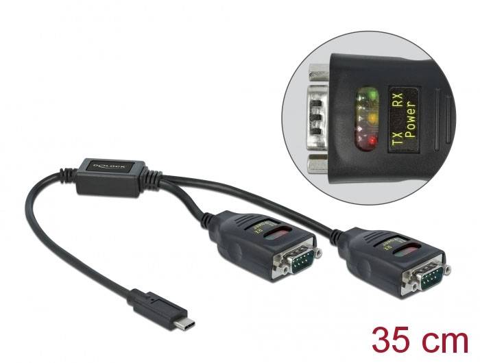 RS232 na Micro-USB kábel, 35 cm dlhý, s LED indikátormi pre TX, RX a napájanie. Vhodný pre sériové komunikačné pripojenia.