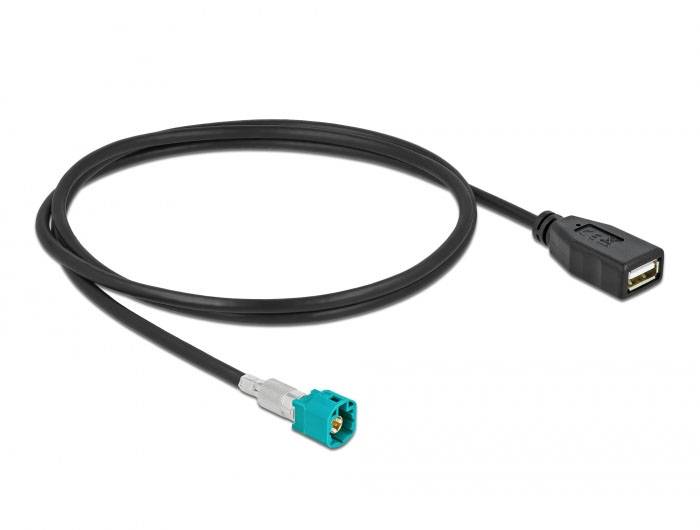 Čiernobiely USB kábel s modrým Fakra konektorom na jednej strane a USB-A portom na strane druhej.