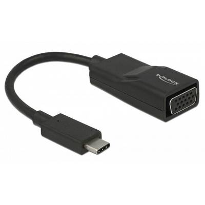 Čierny USB-C na VGA adaptér s káblom spája USB-C konektor s VGA výstupom a umožňuje videoprípojenia.