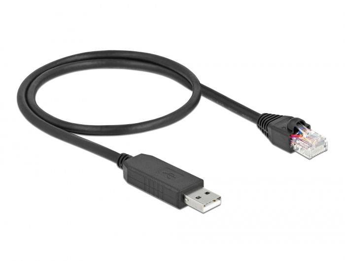 Čierny kábel s USB konektorom na jednej strane a sieťovým RJ-45 konektorom na druhej strane. Vhodný pre sieťové pripojenia.