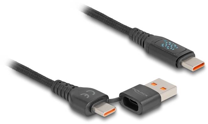Dva čierne USB káble s oranžovými vnútornými stranami a USB-C konektormi, prepojené adaptérom.