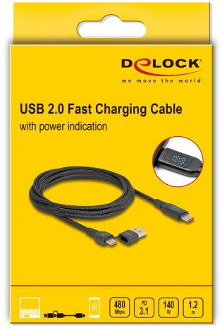USB 2.0 rýchlonabíjací kábel od Delocku s indikáciou výkonu. Podporuje 480 Mbps, Power Delivery 3.1, 140 W, dĺžka 1,2 m.