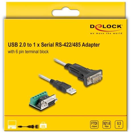 Obal zobrazuje USB 2.0 na 1x sériový RS-422/485 adaptér so 6-pinovým svorkovnicovým blokom, názvom produktu a špecifikáciami.