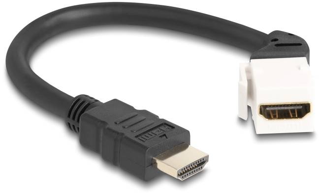 HDMI adaptérový kábel s čiernou zástrčkou vľavo a bielou zástrčkou vpravo. Používa sa na pripojenie elektronických zariadení.