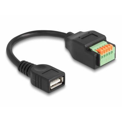 Čierne USB kábel s USB zástrčkou na jednej strane a viacfarebnou šesťpólovou zásuvkou na strane druhej.