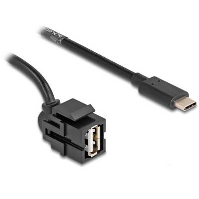 USB kábel s konektorom typu C a zásuvkou. Konektor je pripojený k čiernemu káblu, vhodnému na prenos dát.