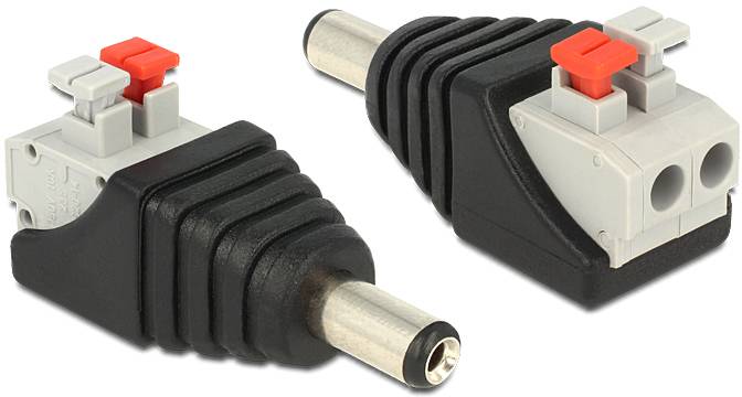 Dva čierne a sivé DC adaptéry so červenými a sivými svorkami, zobrazené spredu a zozadu. Adaptéry na pripojenie káblov.