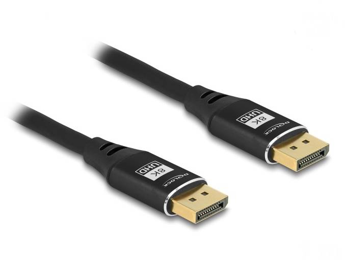 Dva čierne DisplayPort káble so zlatými konektormi, označené ako '8K UHD', určené pre vysoko rozlíšené video prenosy.