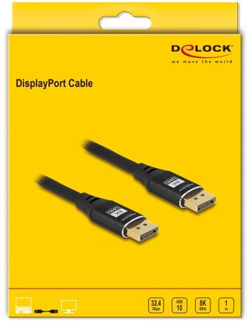 DisplayPort kábel, žlto-čierne balenie, značka Delock, podporuje 8K, HDR10, rýchlosť 32,4 Gbps, dĺžka 1 meter.