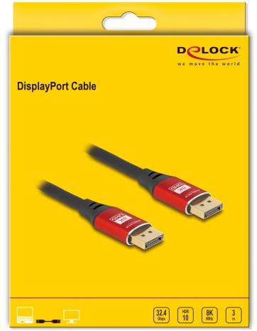 Obal kábla DisplayPort od Delocku. Žltom pozadí so zobrazením kábla. Text: 'DisplayPort kábel', podporuje HDR 10, 8K, dĺžka 3 metre.