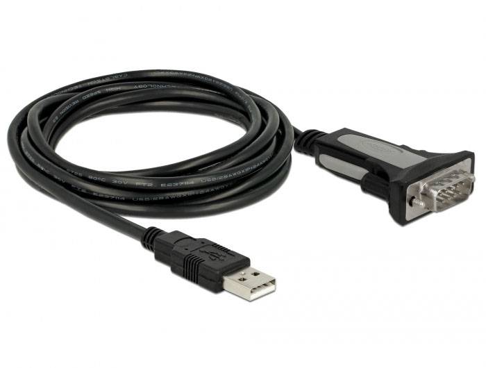 USB na RS232 kábel s čiernym konektorom, skrútený, vhodný pre prepojenie zariadení s rozdielnym rozhraním.