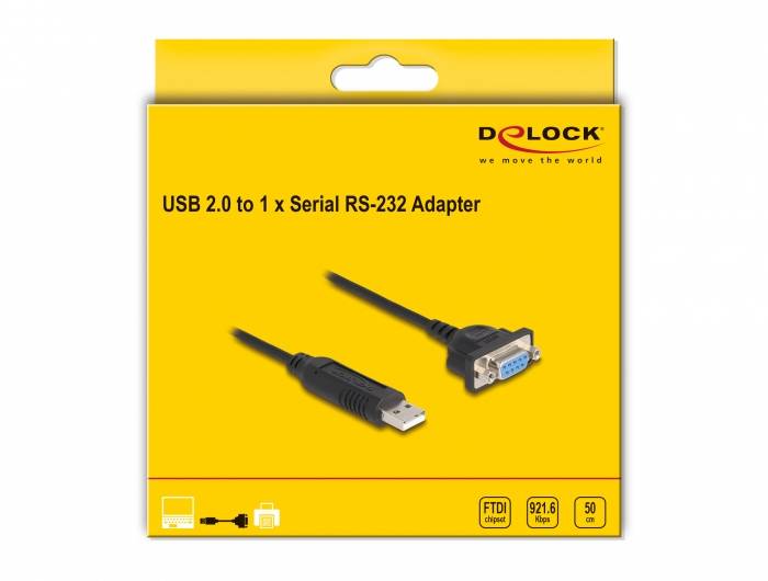 Žltý obal USB 2.0 na 1x sériový RS-232 adaptér značky Delock. Zobrazuje schému kábla a technické špecifikácie.
