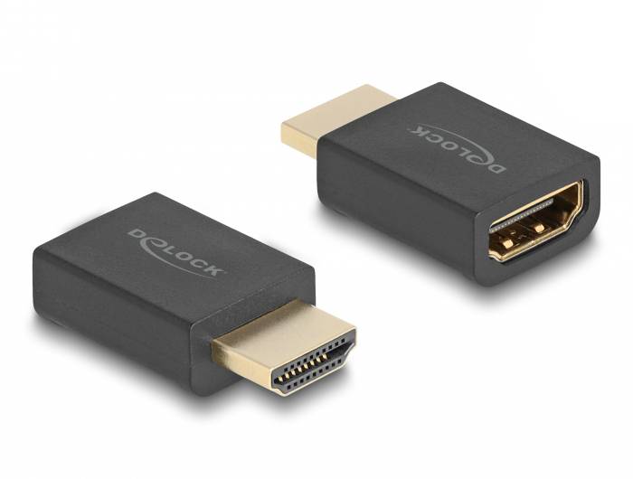 Dva čierne HDMI adaptéry, jeden s mužským konektorom, druhý so ženským konektorom, oba potlačené logom 'DELOCK'.