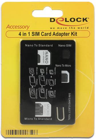 4-v-1 adaptér na SIM kartu od Delocku v žltom balení. Obsahuje adaptéry pre prechod z Nano na štandardnú SIM kartu, z Nano na Micro SIM kartu a z Micro na štandardnú SIM kartu.