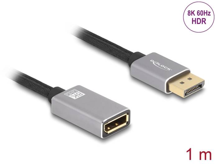 DisplayPort kábel, 1 meter, podporuje 8K 60Hz HDR, sivé konektory s čiernym káblom.