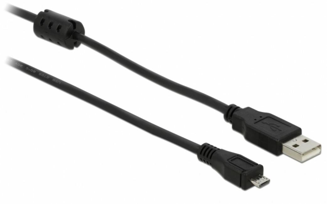 Obrázok zobrazuje USB kábel so štandardným USB konektorom a Micro-USB konektorom a feritovým jadrom na zníženie elektromagnetického rušenia.
