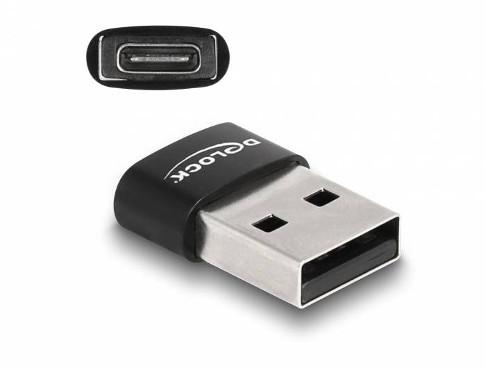 USB adaptér s USB-A a USB-C portami, čierny dizajn.