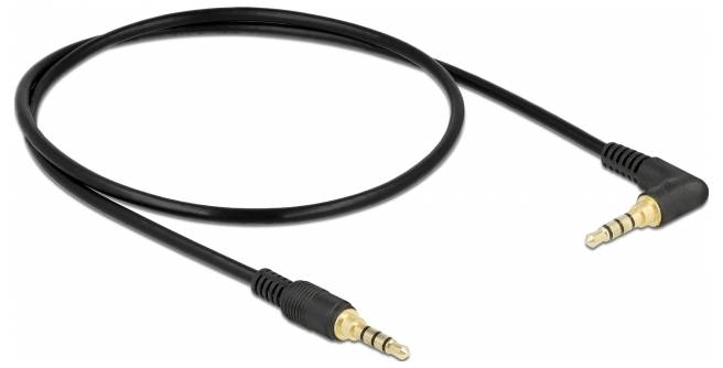 Čierne audiokáblové vedenie s dvoma 3,5 mm jack konektormi, jeden priamy a jeden v pravom uhle, vhodné pre audio pripojenia.