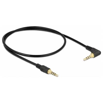 Čierne audiokáblové vedenie s dvoma 3,5 mm jack konektormi, jeden priamy a jeden v pravom uhle, vhodné pre audio pripojenia.