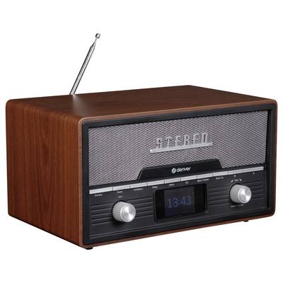 Drevené rádio s anténou a predným displejom, zobrazuje 'Stereo' a čas '13:43'. Dva otočné gombíky na ovládanie hlasitosti a výberu stanice.