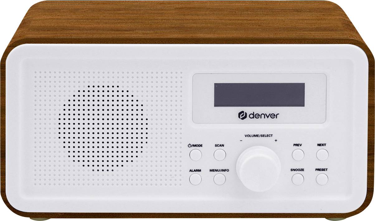 Guľatý digitálny budík so svietiacim displejom, ktorý ukazuje čas 10:08. Na prednej strane sú tlačidlá pre alarm, svetlo a hlasitosť.