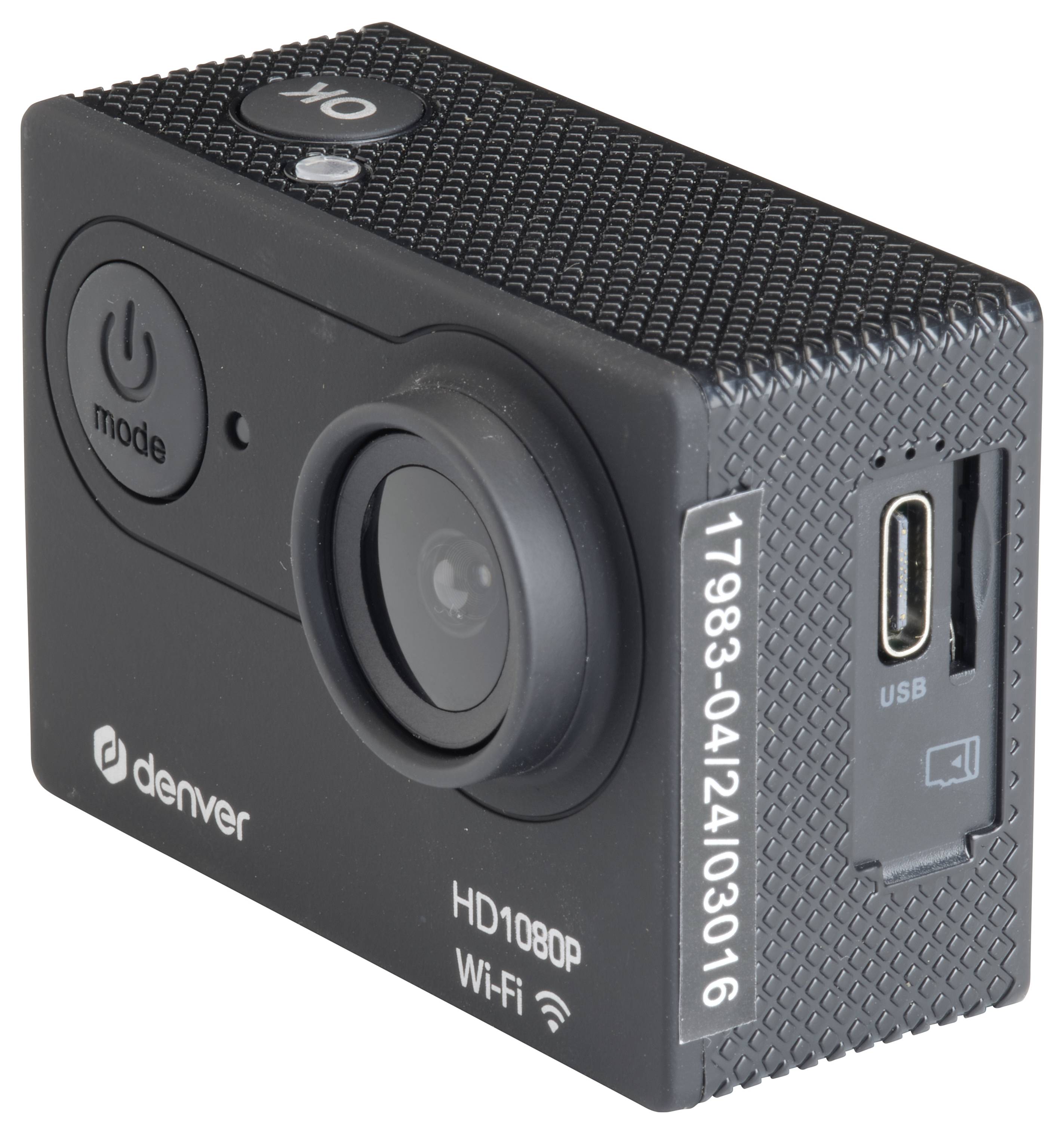 Čierna akčná kamera so šošovkou, USB portom a ovládacími tlačidlami; značka 'Denver', nápis 'HD1080P WiFi' na prednej strane.