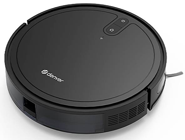 Čierny vysávací robot na bielom pozadí. Robot má jednoduché, okrúhle telo s ovládacím panelom na hornej strane.