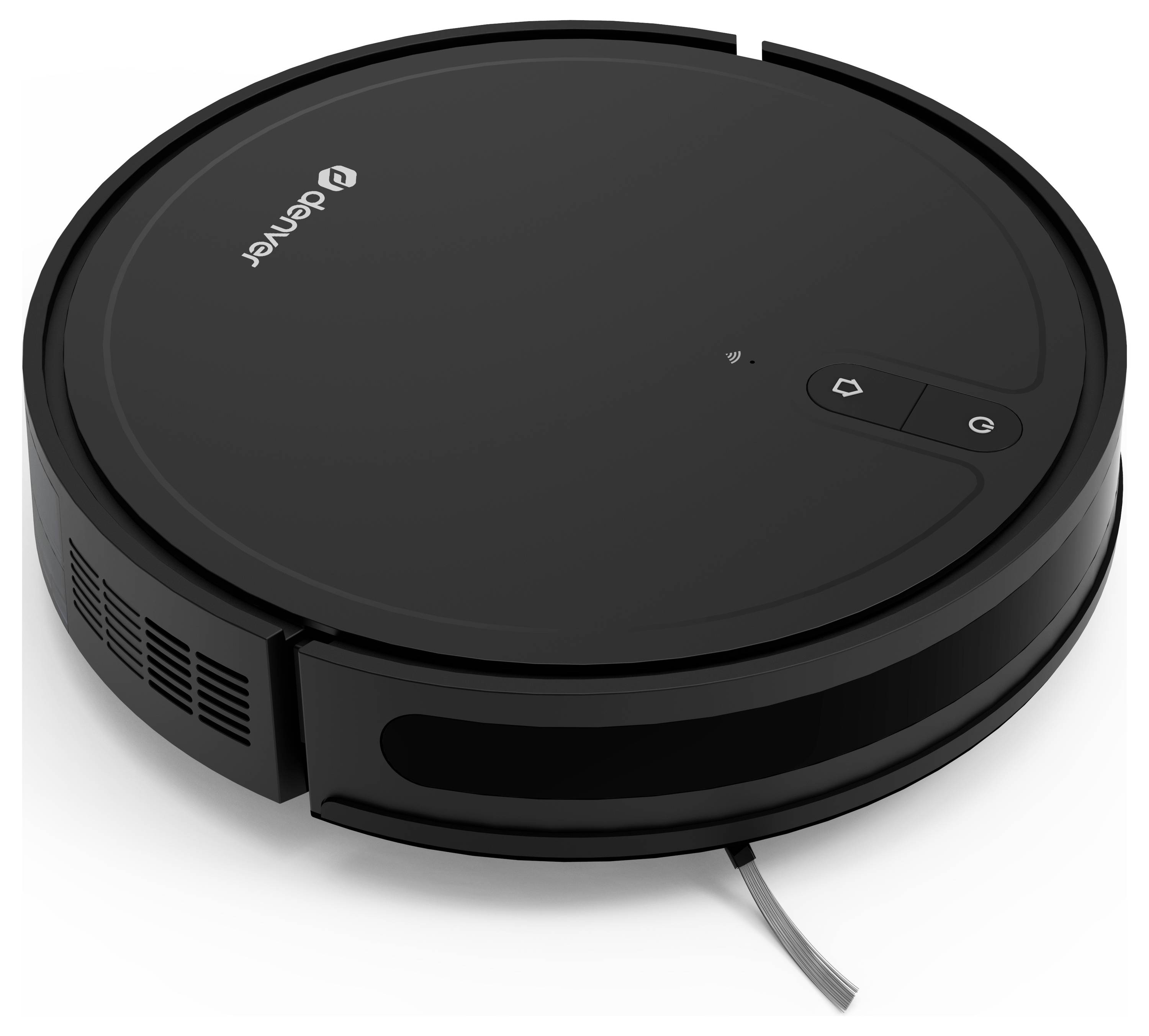 Čierny robotický vysávač v kruhovom tvare s ovládacími prvkami na hornej strane.