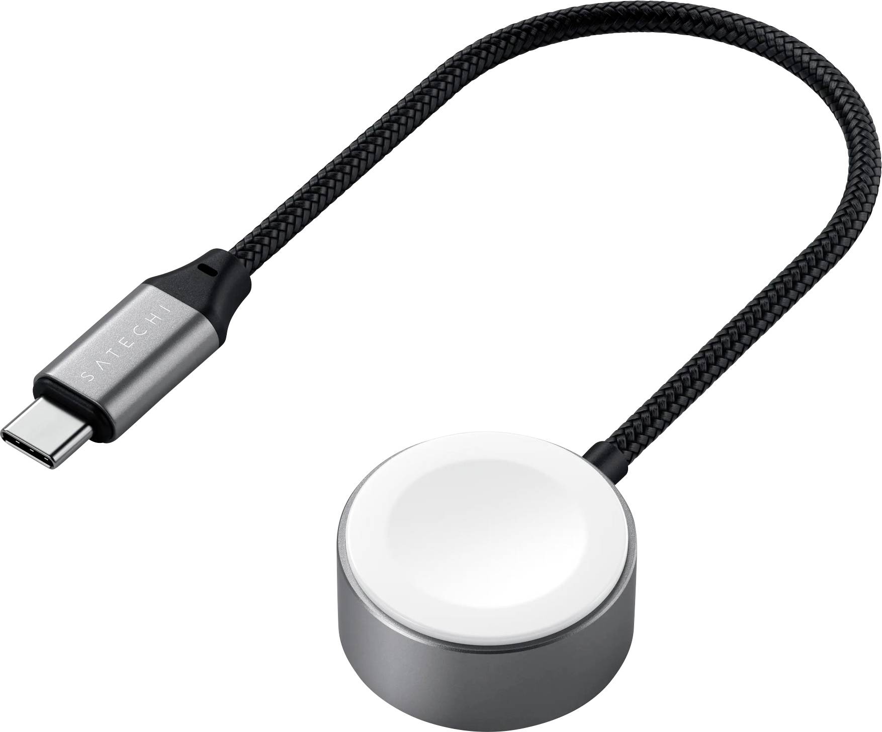 Guľatá, strieborná nabíjačka s opletaným káblom a USB-C portom. Vhodná na nabíjanie zariadení s bezdrôtovou nabíjacou funkciou.