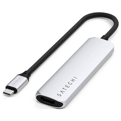 Strieborný USB-C adaptér od Satechi s čiernym káblom, vhodný na pripojenie HDMI zariadení.