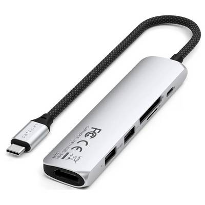 Strieborný USB-C hub s HDMI, USB a čítačkou kariet, prepojený opletaným káblom s USB-C konektorom.