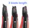 Tri čierne a červené rezacie nože s rôznymi dĺžkami čepelí. Hore je napísané '3 blade length' modrým písmom.