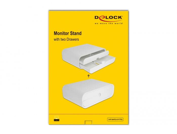 Žltý kartón s obrázkom stojanku na monitor s dvomi zásuvkami. Hore je napísané 'Monitor Stand with two Drawers'. Značka: Delock.