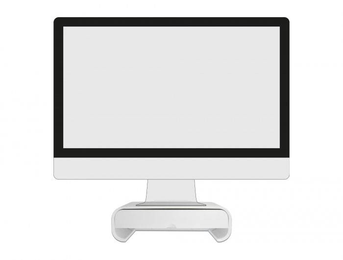 Počítačový monitor s prázdnym displejom, stojaci na jednoduchom bielom stojane.