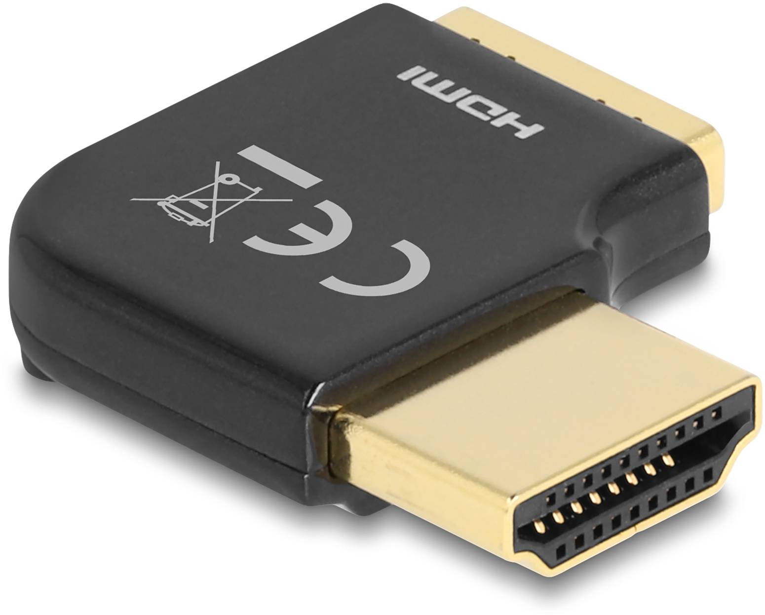 Čierny HDMI adaptér so zlatými konektormi, vhodný na pripojenie HDMI káblov k zariadeniam.