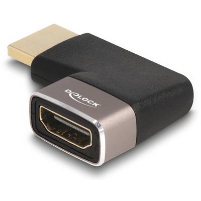 HDMI uhlový adaptér od Delocku, čierny a zlatistý, na pripojenie HDMI káblov v tesných priestorových podmienkach.