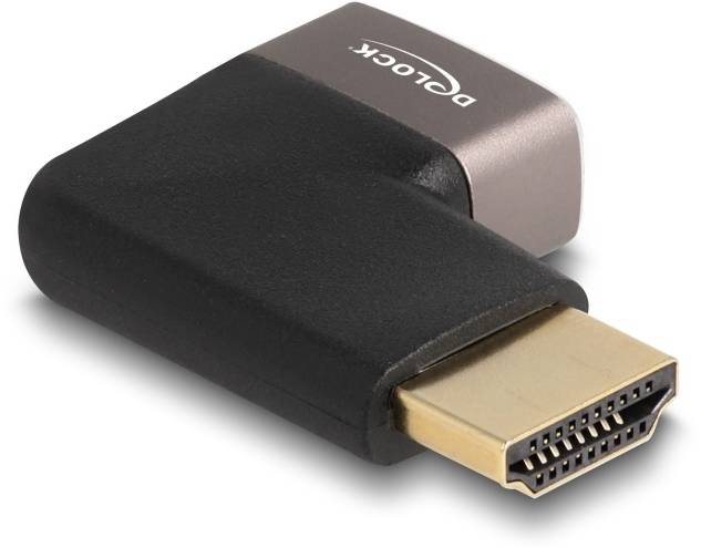 HDMI uhlový adaptér, čierny a strieborný, umožňuje pravouhlé prepojenie HDMI káblov, znižuje priestorové nároky za zariadeniami.