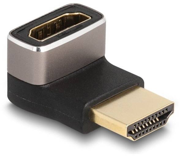 Kovový a plastový HDMI uhlový adaptér, ktorý spája konektor a zásuvku v pravom uhle.