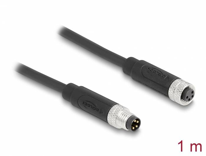 Pripojovacie kábel M12, 1 meter dlhý, s samičkou a samčekom, čierny kábel, strieborné a čierne koncovky konektorov.