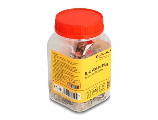 Delock 67019 Modulárny konektor RJ45 Cat.6A pre tenké a ploché káble, sada 100 kusov 67019 zástrčka    biela 1 ks