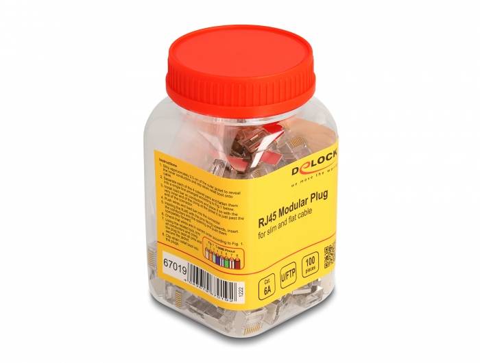 Delock 67019 Modulárny konektor RJ45 Cat.6A pre tenké a ploché káble, sada 100 kusov 67019 zástrčka biela 1 ks-1