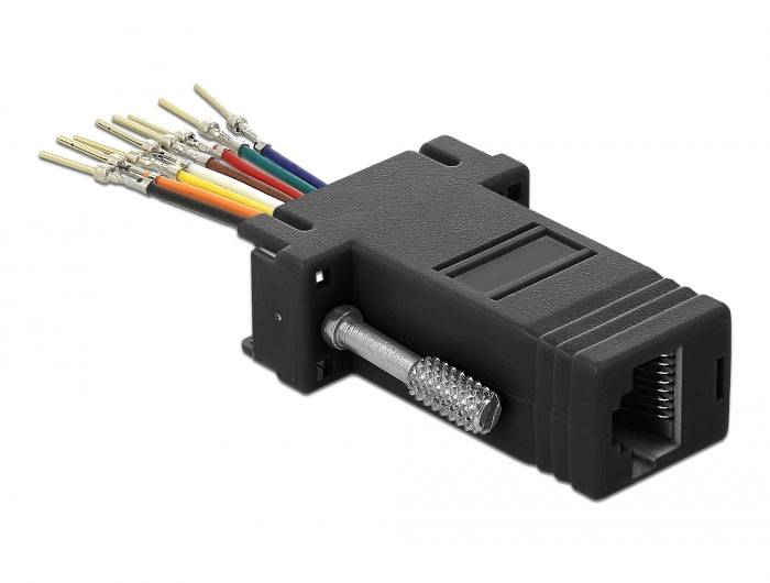 Čierny adaptér s odkrytými farebnými vodičmi na jednom konci a konektorom RJ45 na druhom konci.