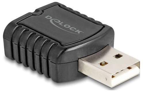 Čierny USB adaptér s nápisom 'DELOCK', s viditeľným konektorom, slúži na prepájanie a transformáciu rôznych druhov pripojení.
