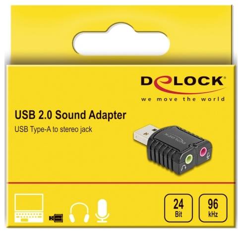 USB 2.0 Zvukový adaptér Balenie s obrázkom adaptéra, ktorý prevádza USB Type-A na stereo jack. Uvedený názov značky a špecifikácie.