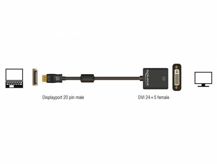Adaptér z DisplayPort na DVI znázorňuje vľavo laptop s konektorom „DisplayPort 20-pinový samec" a vpravo monitor s konektorom „DVI 24+5 samica".