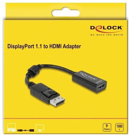 Delock 61849 DisplayPort / HDMI Adattatore [1x Spina DisplayPort - 1x Presa HDMI] Nero con nucleo in ferrite
